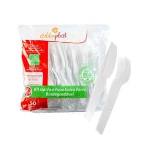 Kit Talher Sachê de Plástico Contendo Garfo + Faca Refeição Biodegradável Branco Goldenplast 50 Unidades